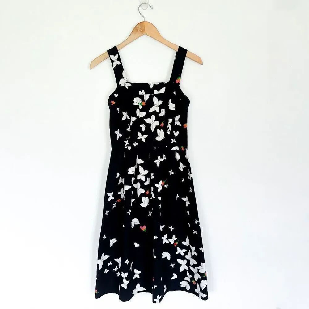 Malia Honolulu Vintage Black Floral Butterfly Printed Sleeveless Knee Length Dre